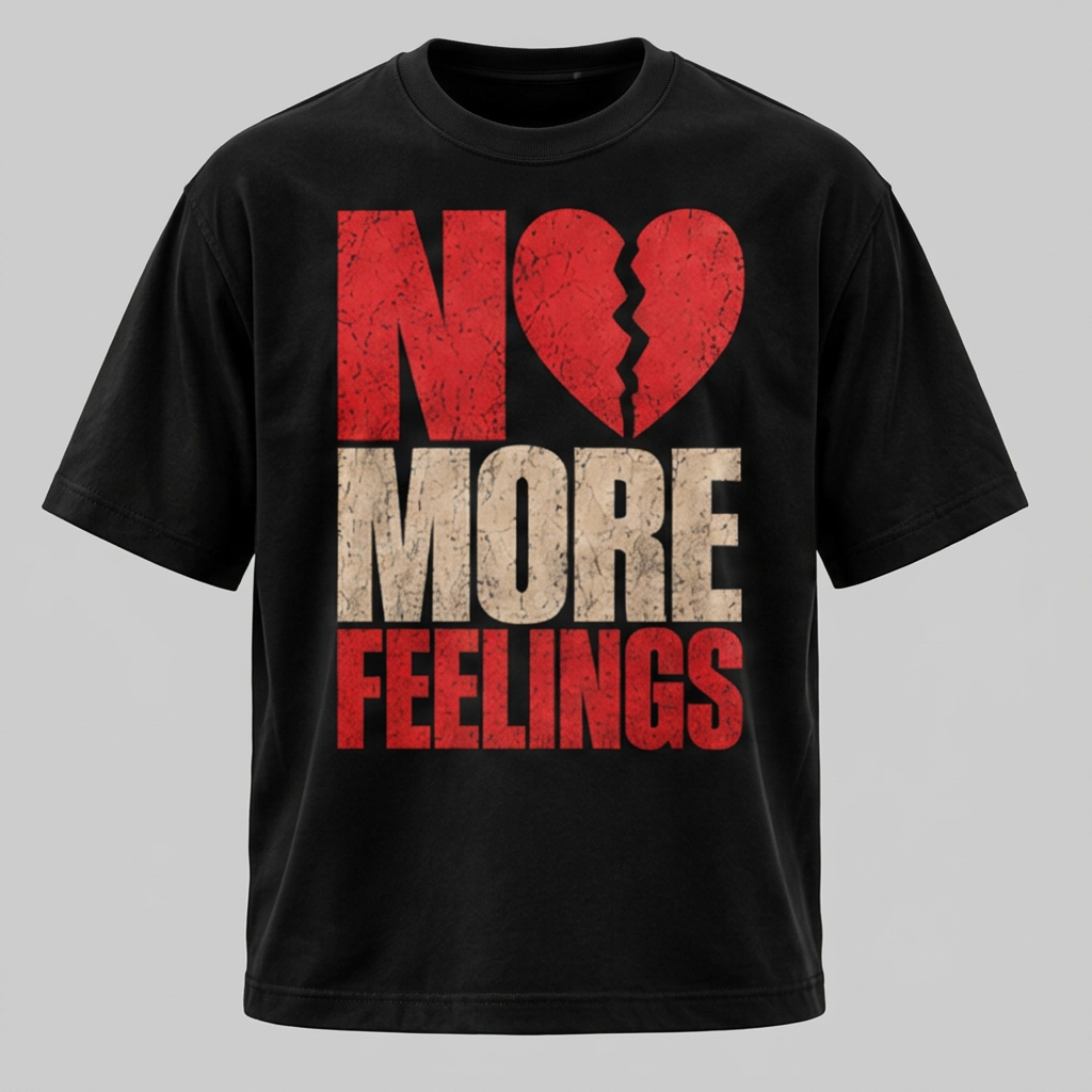 NO MORE FEELINGS TEE — black tee, front view