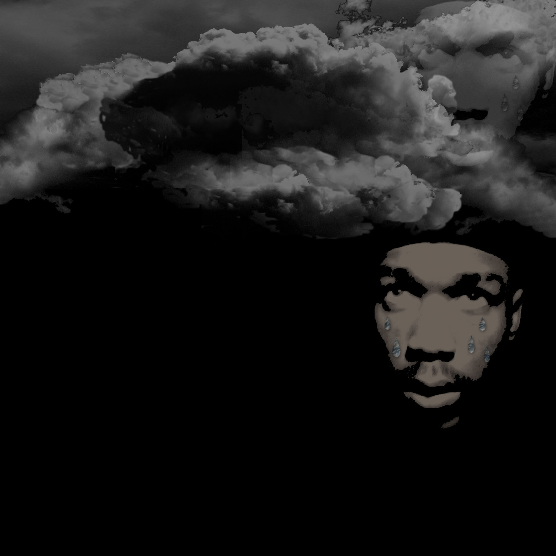 87 Inches of Rain artwork — clouds and faces on black
