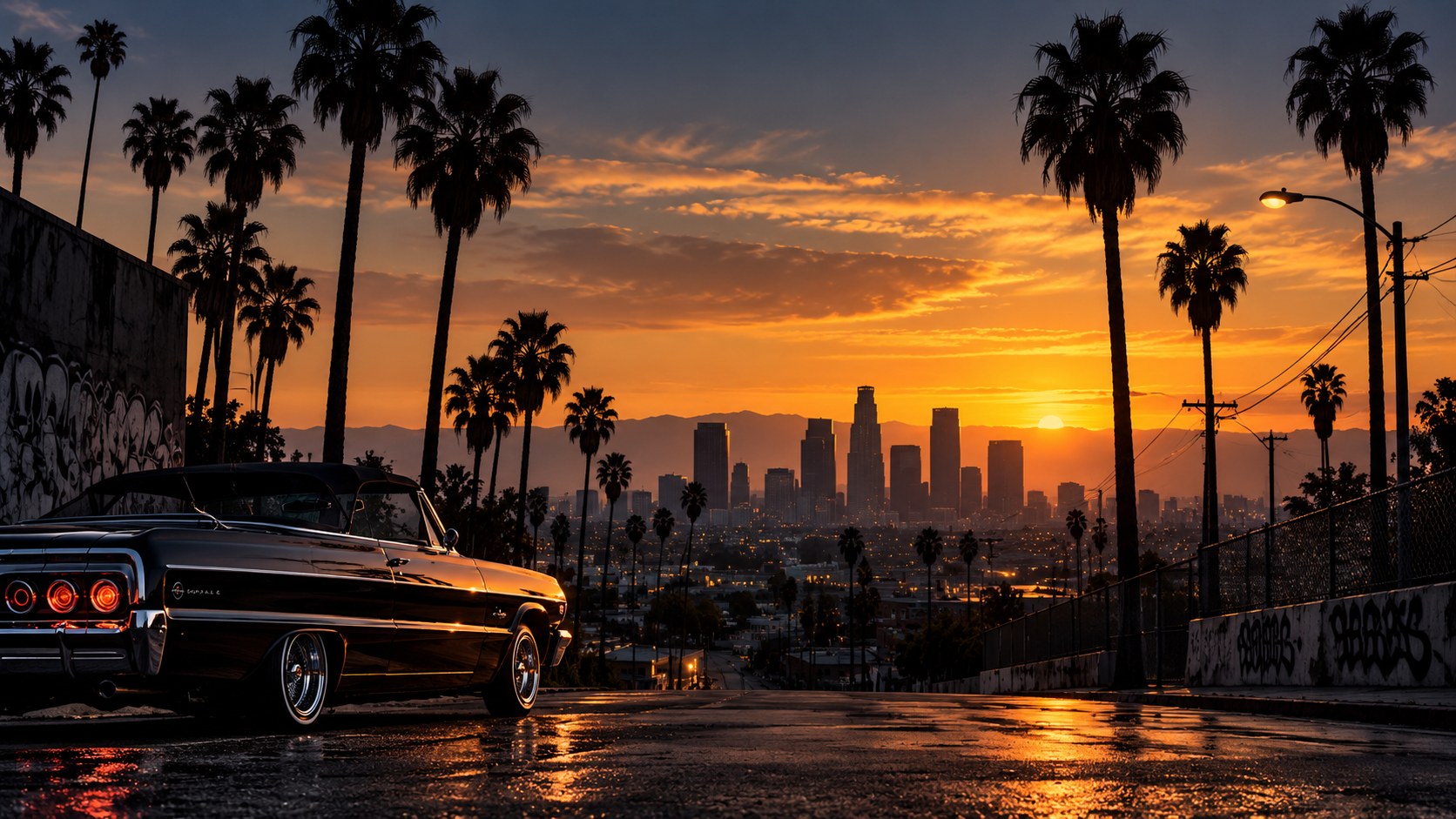 Lowrider on a Los Angeles street at sunset, palm trees and downtown skyline